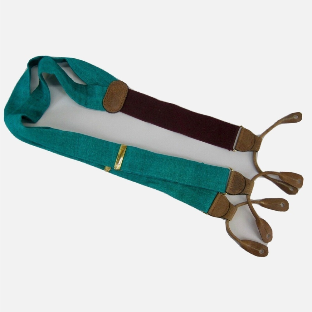 Ferrell Reed Open Weave Raw Silk Teal Blue Suspenders Brown Leather Braces